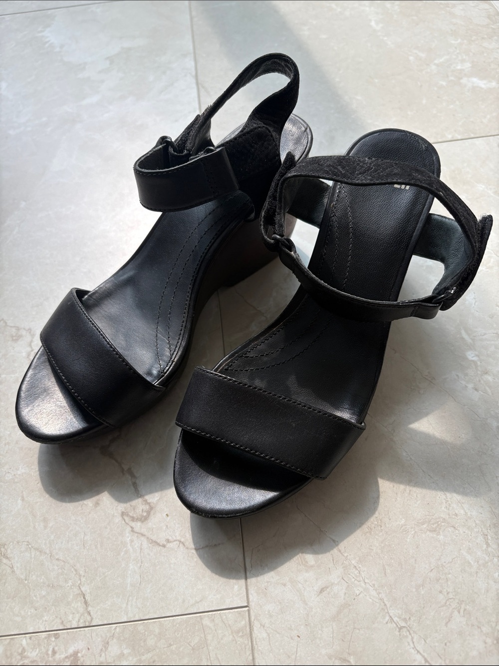 Camper Black Leather Wedge Sandals with Ankle Strap